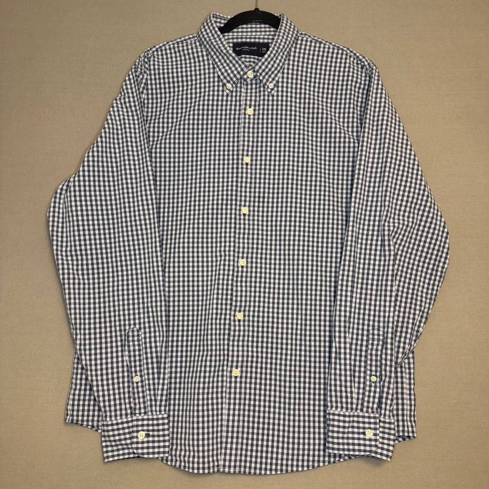 Abercrombie & Fitch Mens XXL Navy Gingham Stretch Button Down Long Sleeve Shirt